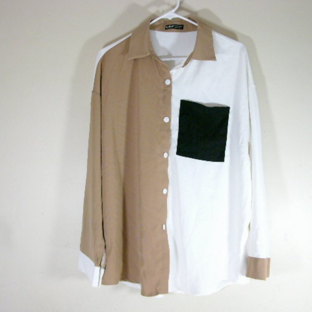 Shein Long Sleeve V Neck Collar Oversized Boyfriend Blouse - Size Large